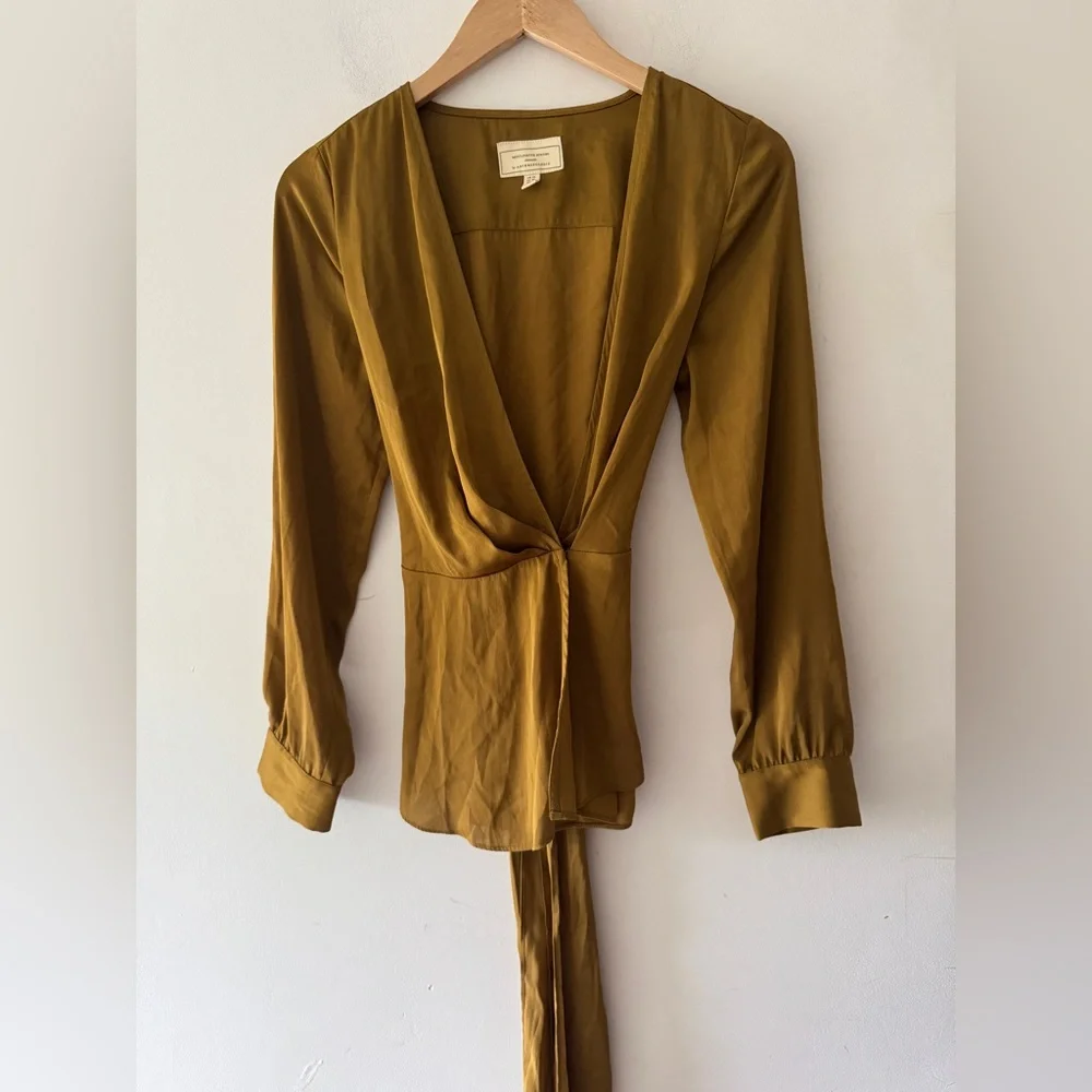 Anthropologie x Moulinette Soeurs Brynn Drapey Satin Faux Wrap Tie Brown Blouse - Picture 2 of 9